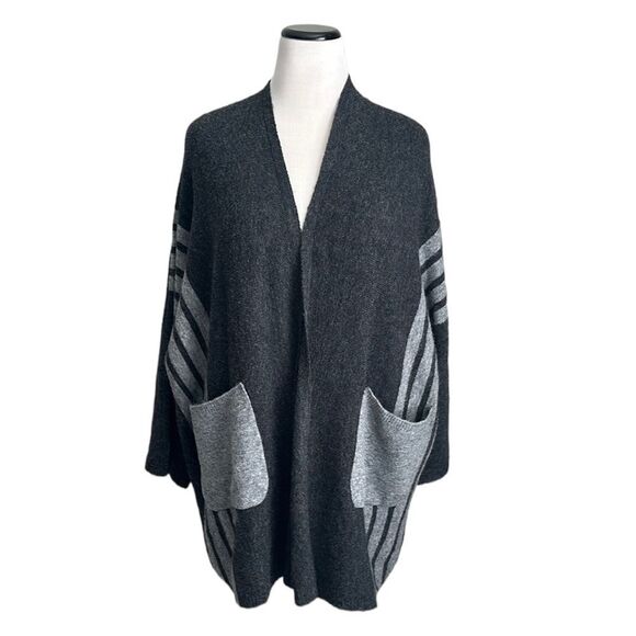 Veveret Women’s Wool Blend Grey Striped Open Front Pockets Cardigan Sweater M/L - Picture 1 of 13